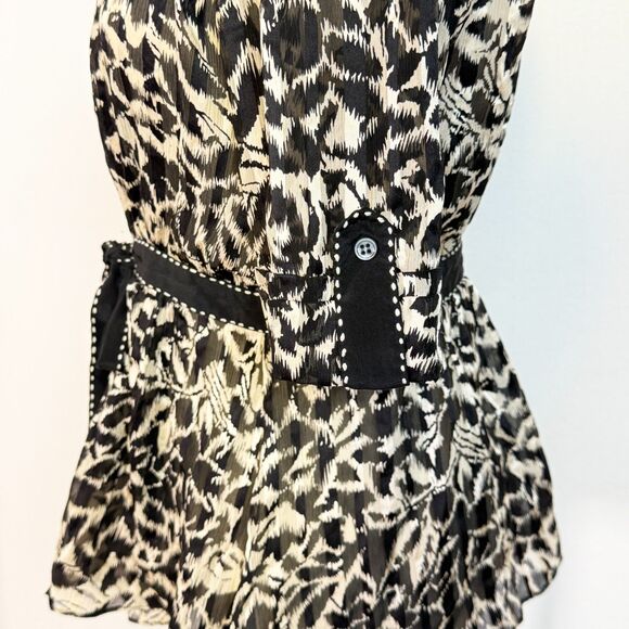 BCBG Max Azria | 100% Silk Blouse | Tie Waist Peplum | Black gray cream | Sz S - Picture 9 of 10